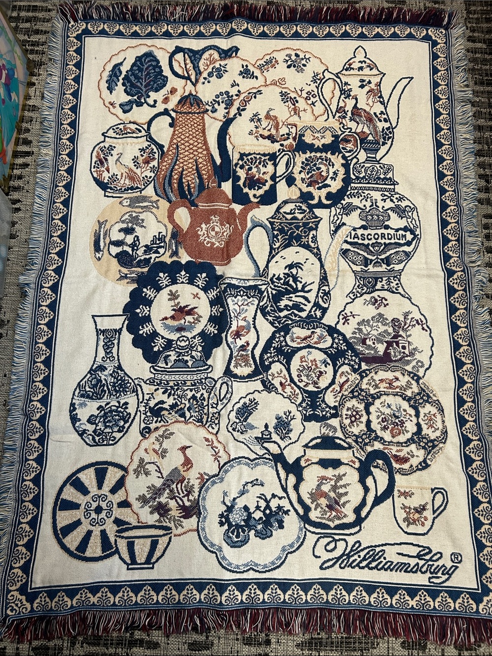 Williamsburg Blue, Cream & Brown Decorative Woven Throw Blanket